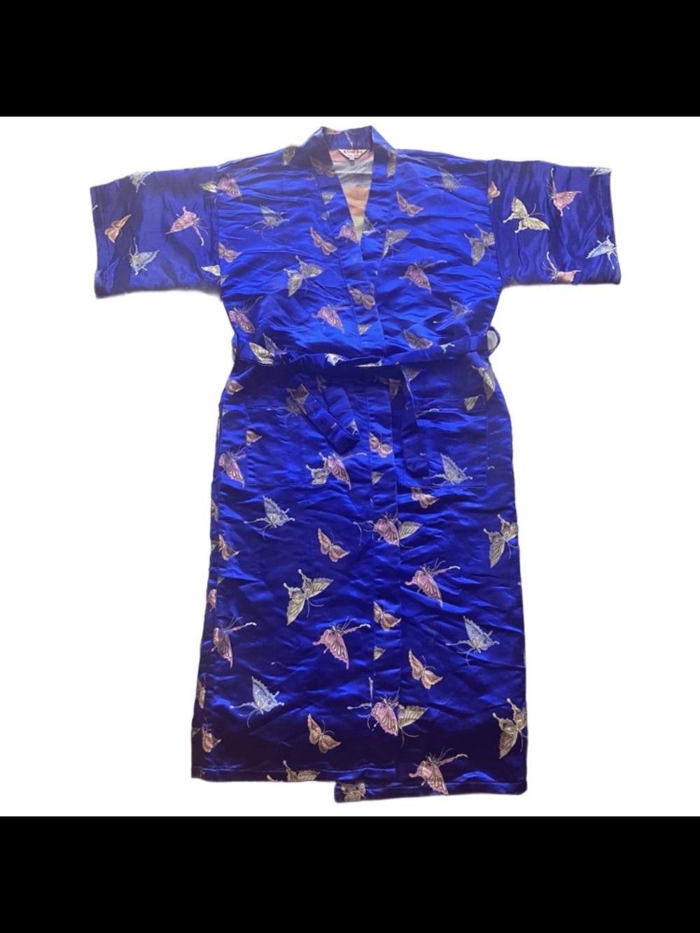 Vintage XingMao Kimono Belted Robe Blue Dressing Gown Butterfly Size Medium
